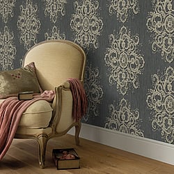 Galerie Wallcoverings Product Code 10154-15 - Elle Decoration Wallpaper Collection - Dark Grey Gold Colours - Baroque Damask Design