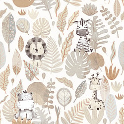 Galerie Wallcoverings Product Code 14837 - Little Explorers 2 Wallpaper Collection - Beige - Silver Grey Colours - If you’re looking for a cute jungle wallpaper for your child’s bedroom or nursery, look no further than our heartwarming Savannah wallpaper design. This fun design for kids features stylish pastel leaves, and hidden beneath them are four jungle friends that your child will love and admire on their wall – including a cute zebra and a happy hippo! The soft, muted tones on a creamy background will create a modern and warm feel in your child’s bedroom, nursery, or playroom. All the wallpapers in this collection have been designed to complement each other, which can add even more interest to this lovingly-created kids wallpaper. Savannah is a fun animal wallpaper that will really transform your little one’s space! Design