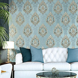 Galerie Wallcoverings Product Code 42526 - Opulence Wallpaper Collection - Blue Gold Colours - Large Damask Design