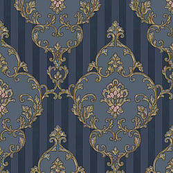 Galerie Wallcoverings Product Code 4607 - Italian Glamour Wallpaper Collection - Blue Gold Colours - Damask over Stripe Design