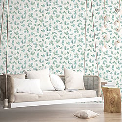 Galerie Wallcoverings Product Code 7303 - Evergreen Wallpaper Collection - Aqua Mica Colours - Fossil Leaf Toss Design