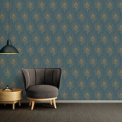 Galerie Wallcoverings Product Code AC60004 - Absolutely Chic Wallpaper Collection - Blue Yellow Metallic Colours - Peacock Feather Motif Design