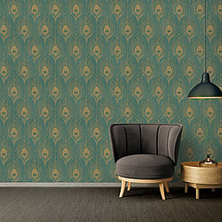 Galerie Wallcoverings Product Code AC60006 - Absolutely Chic Wallpaper Collection - Yellow Green Metallic Colours - Peacock Feather Motif Design