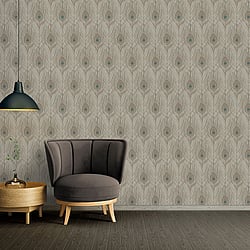 Galerie Wallcoverings Product Code AC60008 - Absolutely Chic Wallpaper Collection - Blue Brown Grey Colours - Peacock Feather Motif Design