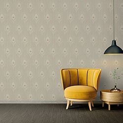 Galerie Wallcoverings Product Code AC60009 - Absolutely Chic Wallpaper Collection - Beige Grey Metallic Colours - Peacock Feather Motif Design