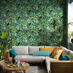 Galerie Wallcoverings Product Code AM30002 - Amazonia Wallpaper Collection - Turquoise Multi-Coloured Colours - Tropical Birds Design