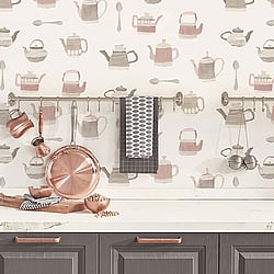 Galerie Wallcoverings Product Code CK36633 - Kitchen Style 3 Wallpaper Collection - Pink Grey Beige Colours - Teapot Motif Design
