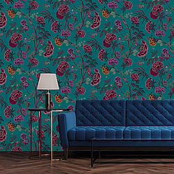 Galerie Wallcoverings Product Code DA23243 - Luxe Wallpaper Collection - Green Red Colours - Blooms and Birds Design