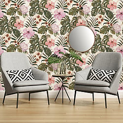 Galerie Wallcoverings Product Code ES31142 - Escape Wallpaper Collection - White, Cream, Green, Pink, Purple, Orange, Taupe Colours - Tropical Hibiscus Design