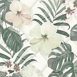 Galerie Wallcoverings Product Code ES31143 - Escape Wallpaper Collection - White, Green, Pink, Grey Colours - Tropical Hibiscus Design