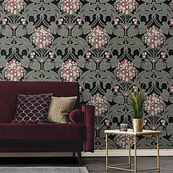Galerie Wallcoverings Product Code ET12110 - Arts And Crafts Wallpaper Collection - Olive Pink Beige White Black Colours - Floral Hydrangea Design