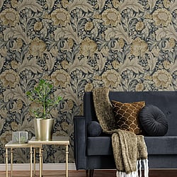 Galerie Wallcoverings Product Code ET12308 - Arts And Crafts Wallpaper Collection - Midnight Blue Beige Colours - Acanthus Garden Design
