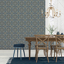 Galerie Wallcoverings Product Code FH37542 - Homestyle Wallpaper Collection - White Blue Gold Colours - Floral Tile Design