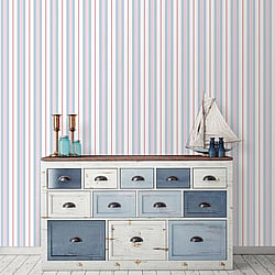 Galerie Wallcoverings Product Code G23065 - Deauville Wallpaper Collection - Sky Blue Red White Colours - Two Colour Stripe Design