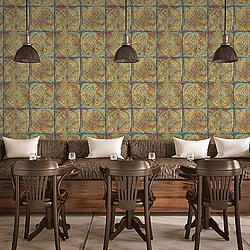 Galerie Wallcoverings Product Code G45376 - Grunge Wallpaper Collection - Gold Blue Colours - Ornate Tile Design