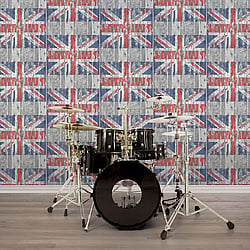 Galerie Wallcoverings Product Code G45382 - Grunge Wallpaper Collection - Grey White Red Blue Colours - Union Jack Wood Panel Design