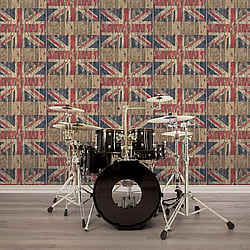 Galerie Wallcoverings Product Code G45384 - Grunge Wallpaper Collection - Brown Red Blue Colours - Union Jack Wood Panel Design