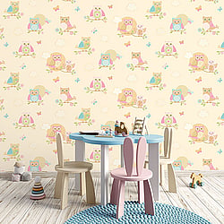 Galerie Wallcoverings Product Code G56035 - Just 4 Kids Wallpaper Collection - Yellow Pink Blue Orange Colours - Colourful Owls Design