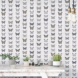 Galerie Wallcoverings Product Code G67991 - Organic Textures Wallpaper Collection - Beige Grey Colours - Jewel Butterflies Stripe Design