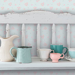 Galerie Wallcoverings Product Code MC61037 - Maison Charme Wallpaper Collection - Blue, Pink Colours - A delicate vintage design inspired by countryside cottage gardens, set on a subtle diamond background. Uniform clusters of detailed roses is distributed in a repetitive pattern to enhance this paper's playful and cute aesthetic. Add to your scheme if you are after a country twist!  Design