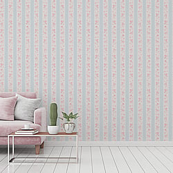 Galerie Wallcoverings Product Code MC61051 - Maison Charme Wallpaper Collection - Blue, Pink, White Colours - If you're after a romantic vintage floral design - look no further. Not only does this beautiful design feature endless upward bouquets of country roses; in a wide stripe motif the design also combines a cute polka dot with an intricate lace overlay for a true trip down memory lane - in rose tinted glasses! Design
