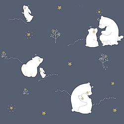 Galerie Wallcoverings Product Code ND21100 - Little Explorers Wallpaper Collection - Dark Blue White Gold Colours - Dark Blue Mummy Bear and Baby Bear Design