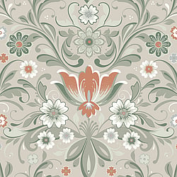 Galerie Wallcoverings Product Code S24108 - Sommarang 2 Wallpaper Collection - Beige, green Colours - Flowers with elegant swirls in perfect symmetry Design