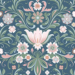 Galerie Wallcoverings Product Code S24114 - Sommarang 2 Wallpaper Collection - Blue Colours - Flowers with elegant swirls in perfect symmetry Design
