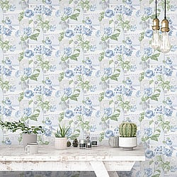 Galerie Wallcoverings Product Code S45203 - Country Cottage Wallpaper Collection - Blue Colours - Flowers Postcard Design