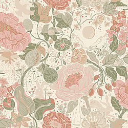 Galerie Wallcoverings Product Code S63012 - Sommarang 2 Wallpaper Collection - Green/pink Colours - Medley of flowers with summertime details including rabbits and birds Design