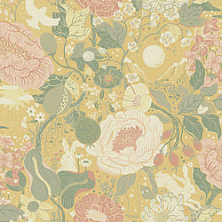 Galerie Wallcoverings Product Code S63014 - Sommarang 2 Wallpaper Collection - Yellow Colours - Medley of flowers with summertime details including rabbits and birds Design