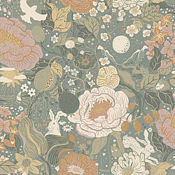 Galerie Wallcoverings Product Code S63016 - Sommarang 2 Wallpaper Collection - Dark grey Colours - Medley of flowers with summertime details including rabbits and birds Design