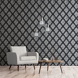 Galerie Wallcoverings Product Code W78227 - Metallic Fx Wallpaper Collection - Black Silver Colours - Metallic Damask Design